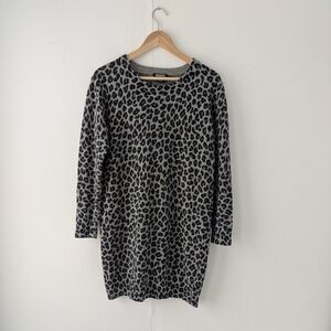 DKNY Black and Gray Leopard Print Long Sleeve Wool Sweater Dress